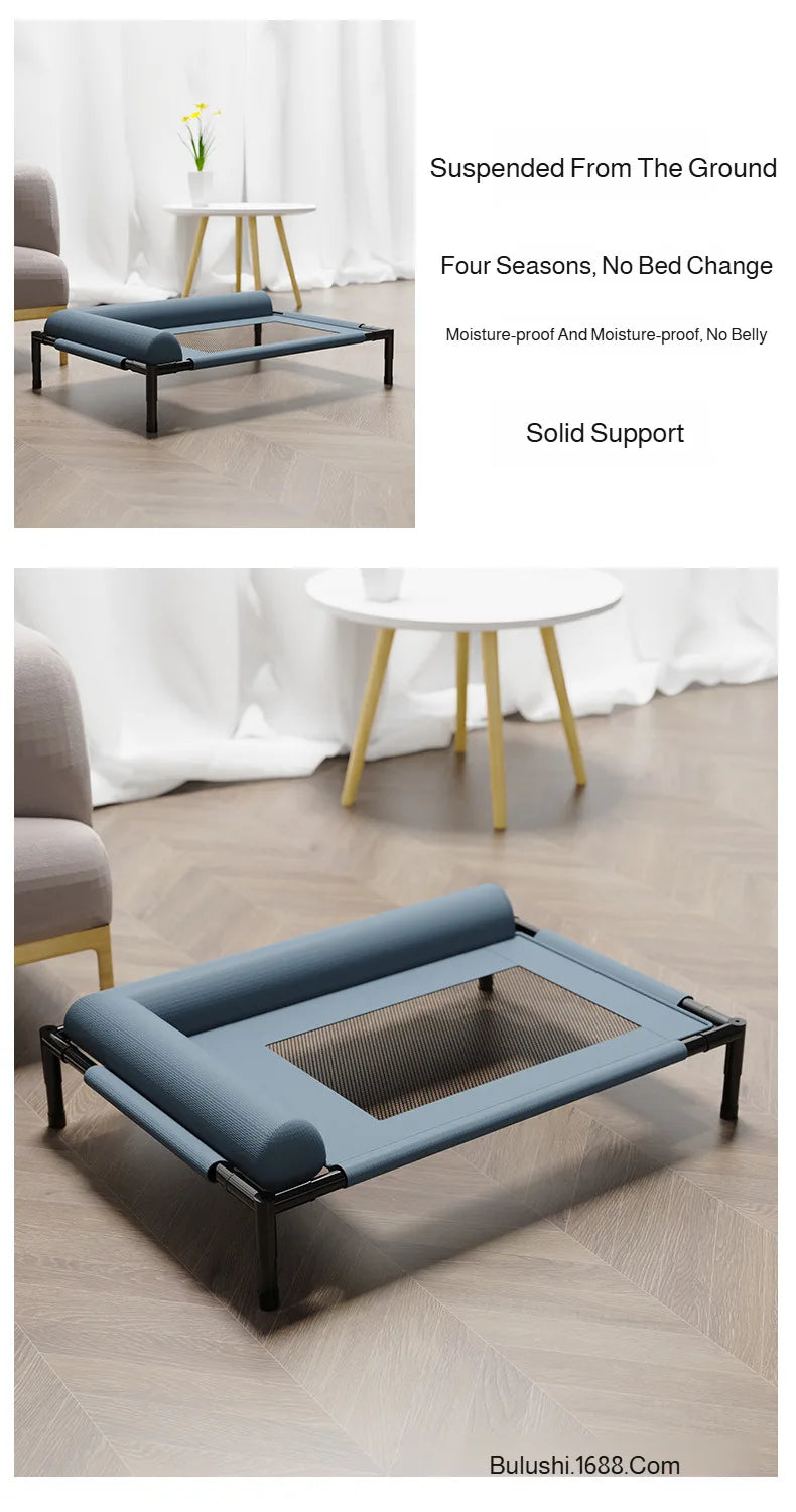 Waggy Tail elevated breathable mesh pet bed with moisture-proof design, large off-ground camp bed for dogs and cats.