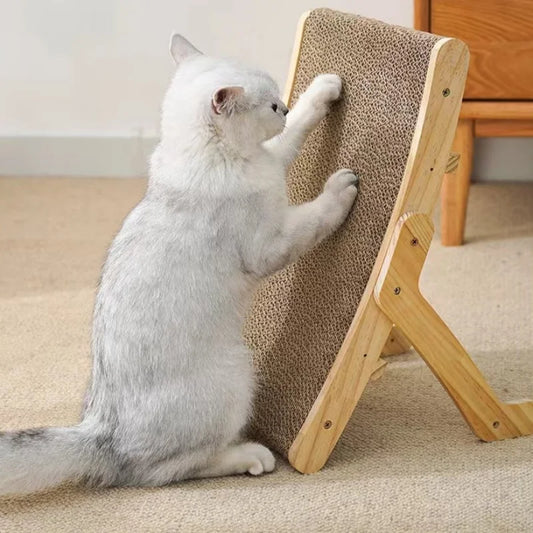 Wooden 3-in-1 cat scratcher lounge bed with detachable scratching post by Waggy Tail, showing cozy design and natural wood finish.