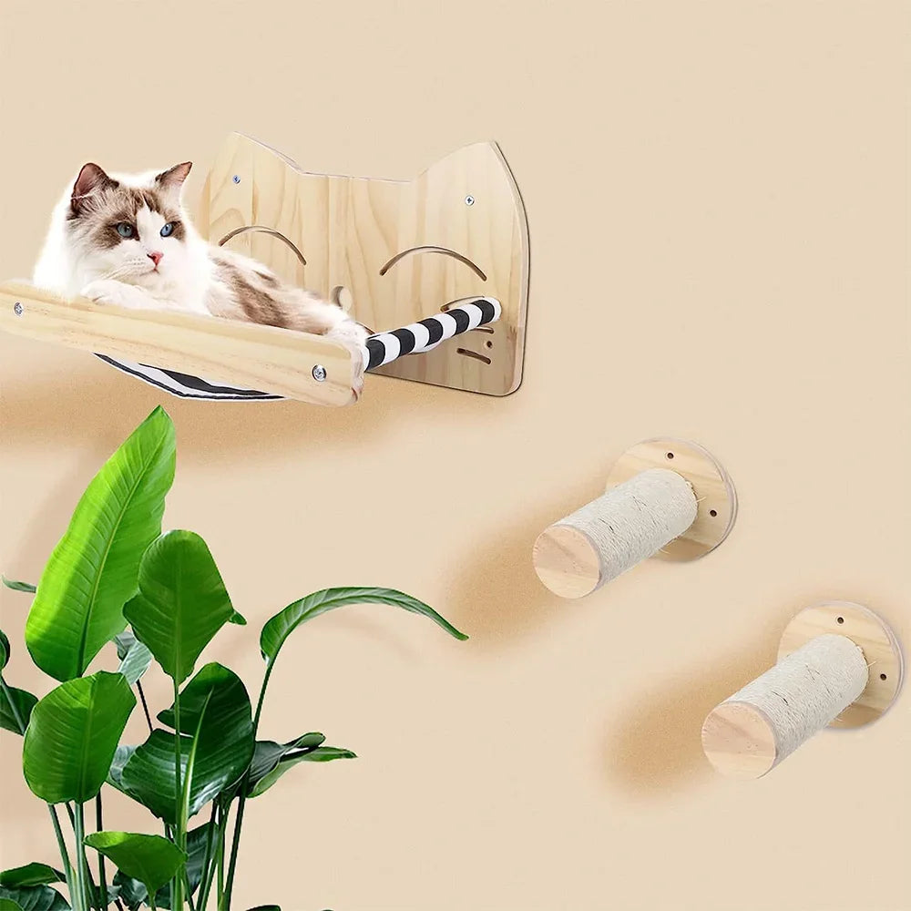 Wall-Mounted Cat Climbing Shelves with Hammock & Steps