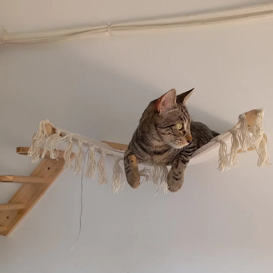 Wooden Cat Tree Tower Cat Climbing Scratching Post Stairs Hammock Hiding House Indoor Playground Cat Walkway Wall Pet Furniture