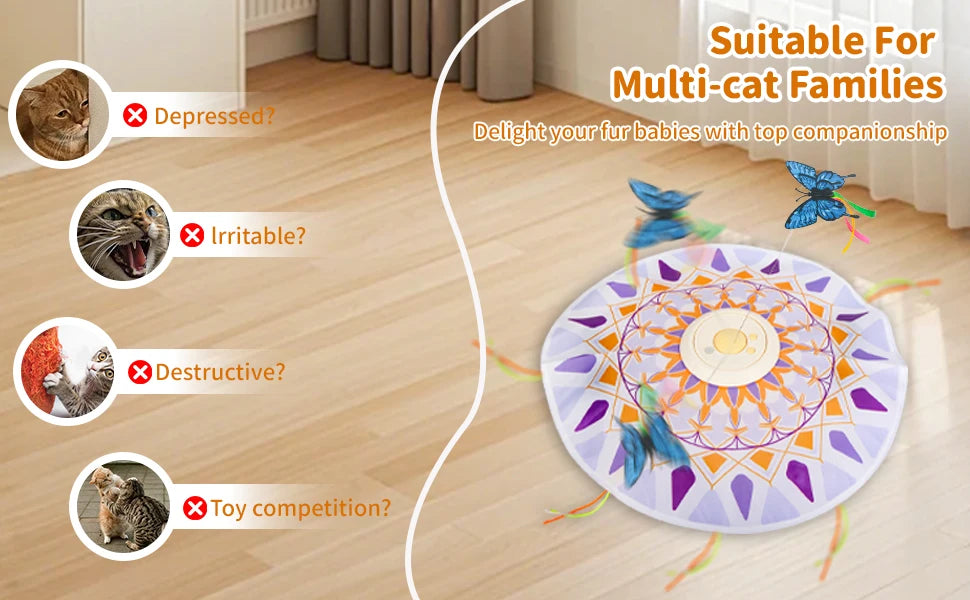 USB Rechargeable 3-in-1 Interactive Cat Teaser Toy 360° Rotating Feathers & Mandala Pattern,1200 battery capacity Plastic Design