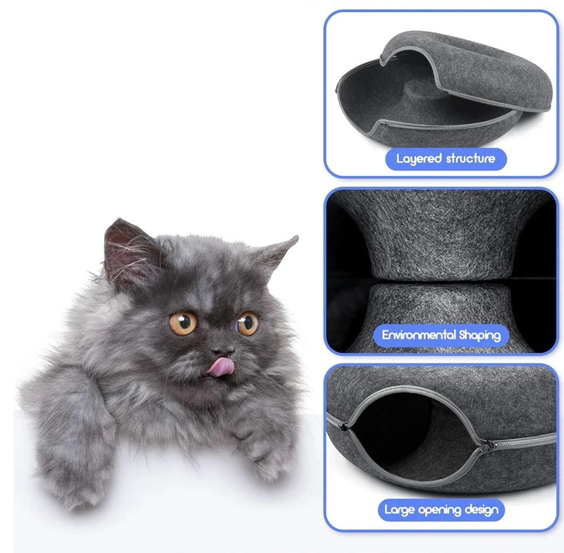 Donut Cat Bed Pet Cat Interactive Game Toy Cat Bed Dual-use Tunnel Bed with Felt Toy Gift for Small Kitten Rabbit