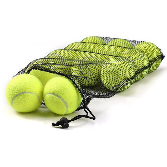 Set of 12 Waggy Tail training tennis balls for dogs with mesh carry bag, ideal for fetch and play outdoor activities.