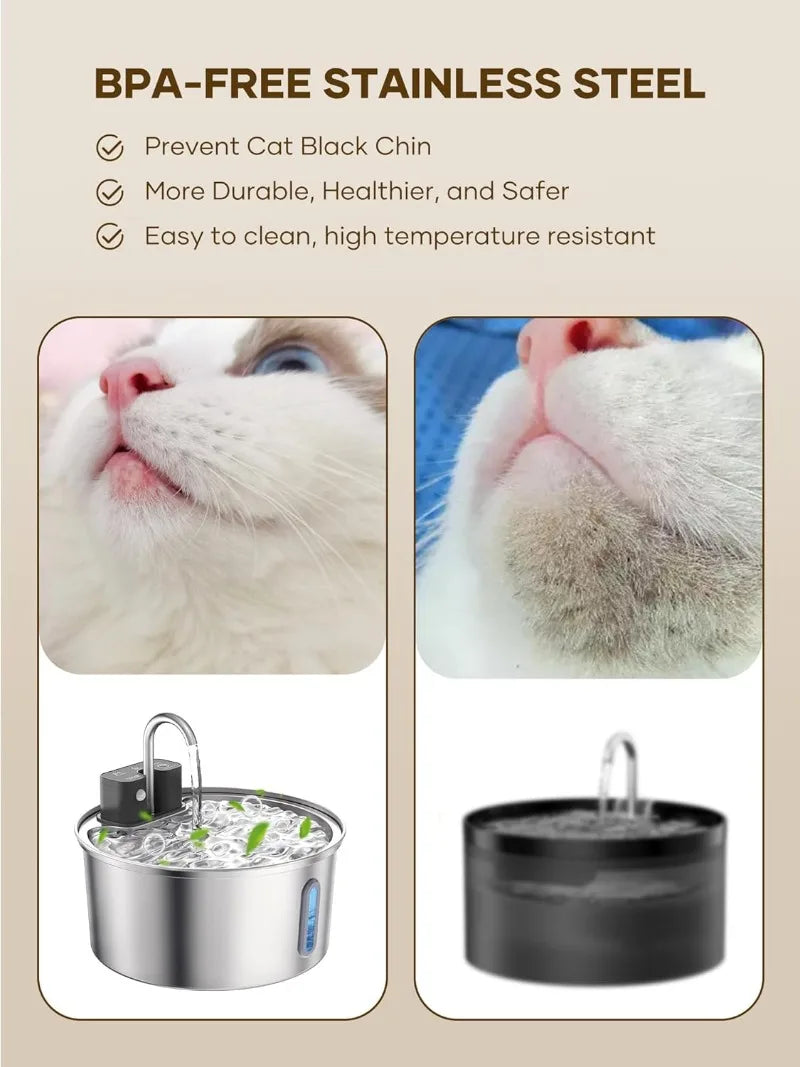 Wireless stainless steel cat water fountain by Waggy Tail with 3.2L capacity, auto filtration, and 4000mAh battery.
