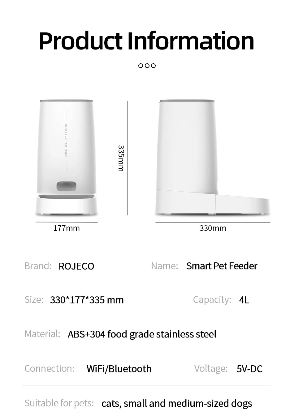 ROJECO Auto Cat Feeder – WiFi App, Remote Control, Dry Food Dispenser for Cats & Dogs