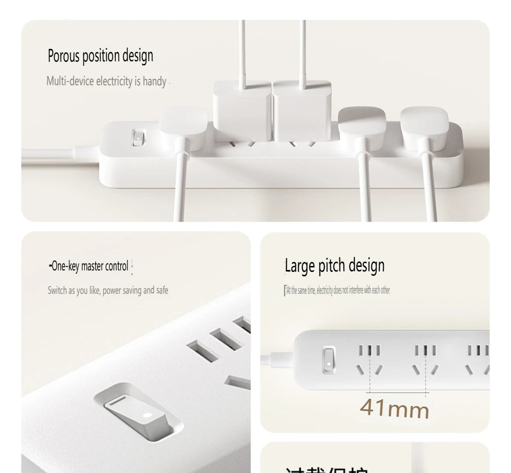 2025 Xiaomi Power Strip 5 Sockets 1.8m 5 Ports Master control Big Plug Extension Patch Board 10A 2500W For Smart Home