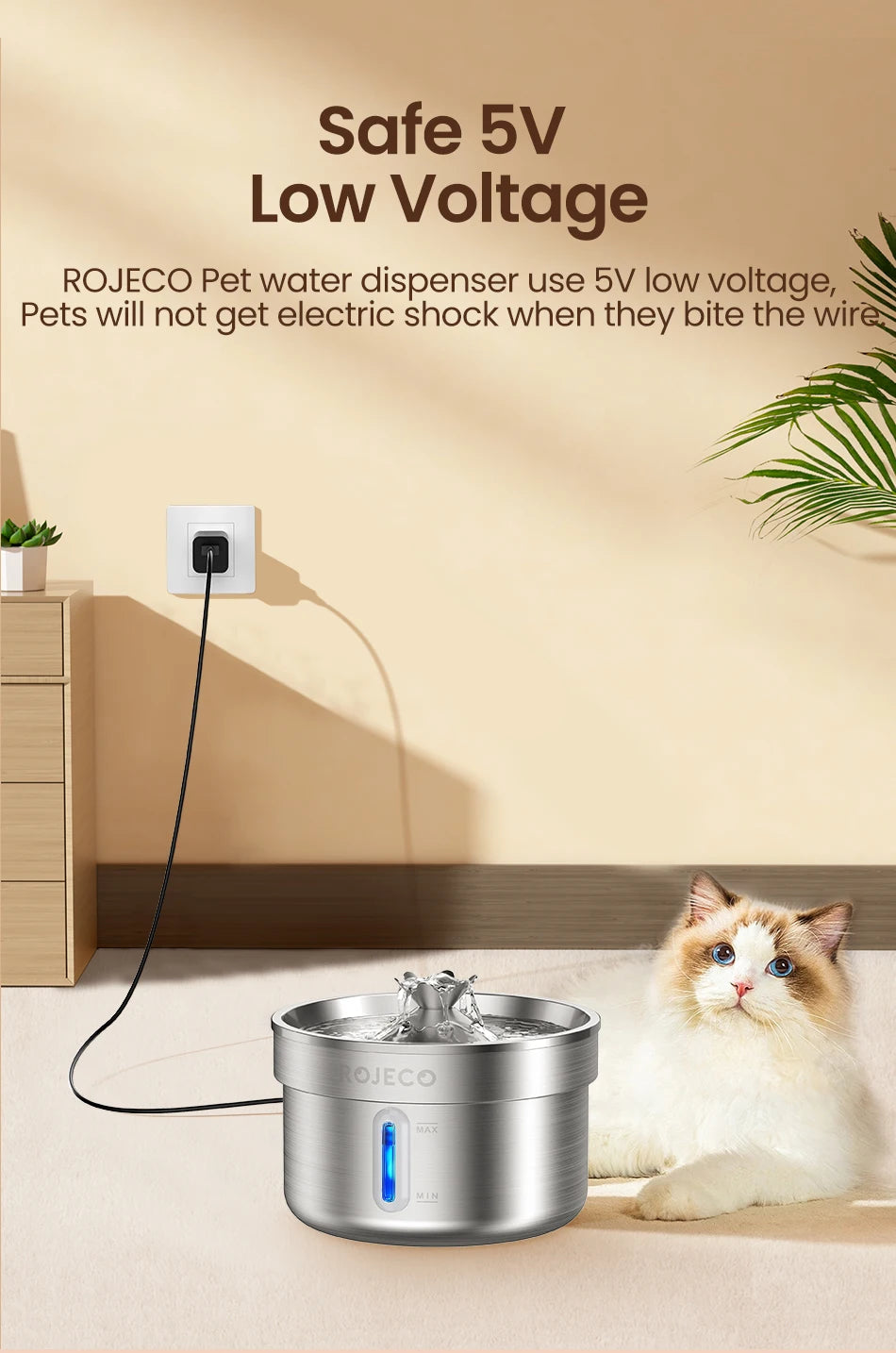 ROJECO Stainless Steel Pet Water Fountain – Smart Dispenser with Pump for Cats & Dogs