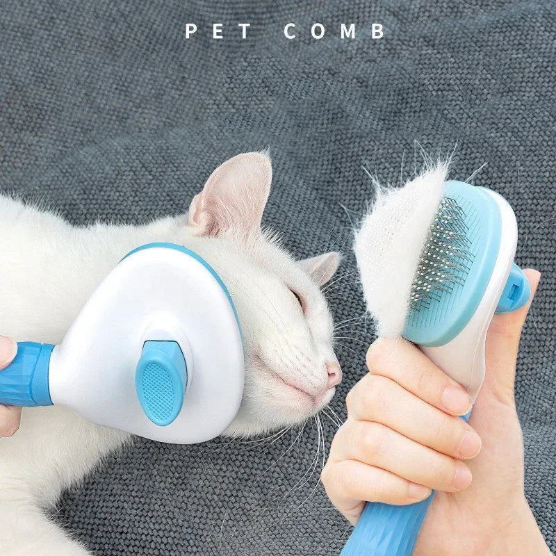 Floating hair removal pet comb by Waggy Tail, effective deshedding brush for dogs and cats showing the comb with pet hair.