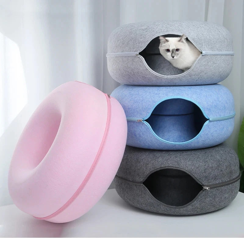 Donut Cat Bed Pet Cat Interactive Game Toy Cat Bed Dual-use Tunnel Bed with Felt Toy Gift for Small Kitten Rabbit