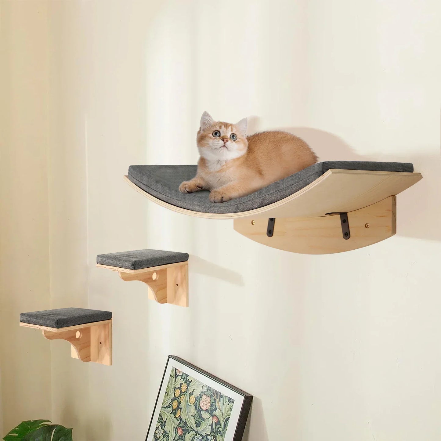 Solid Wood Wall-Mounted Cat Climbing Tower with Hammock