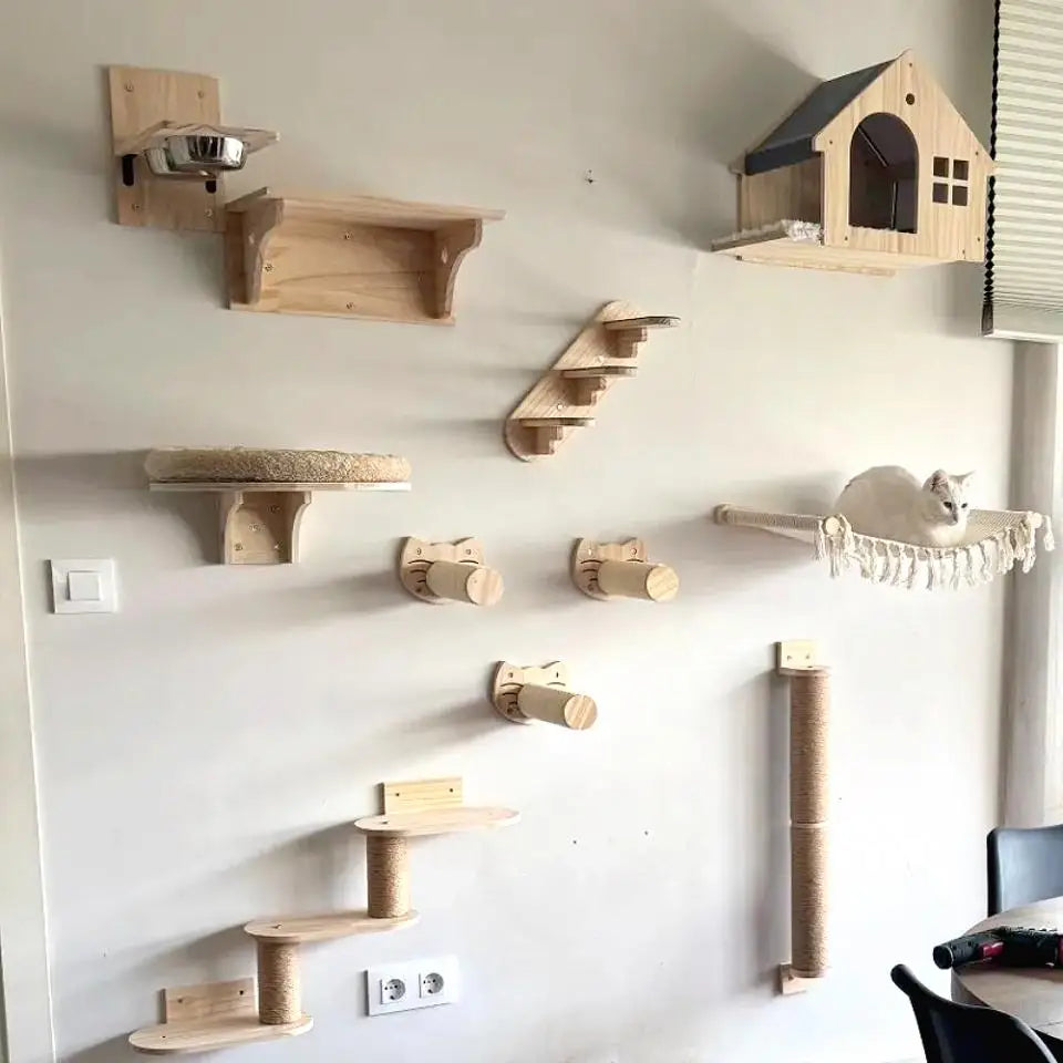 Wooden Cat Tree Tower Cat Climbing Scratching Post Stairs Hammock Hiding House Indoor Playground Cat Walkway Wall Pet Furniture