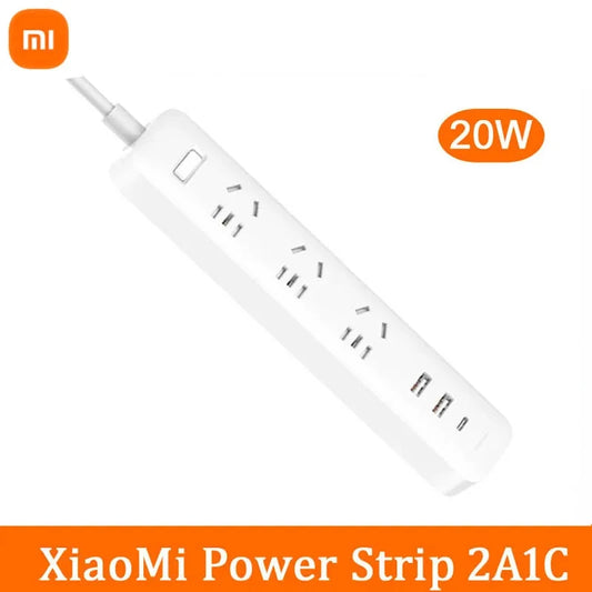 Xiaomi Mijia 20W fast charging power strip with 3 sockets, 2 USB-A, 1 USB-C port, 1.8m cable, by Waggy Tail.