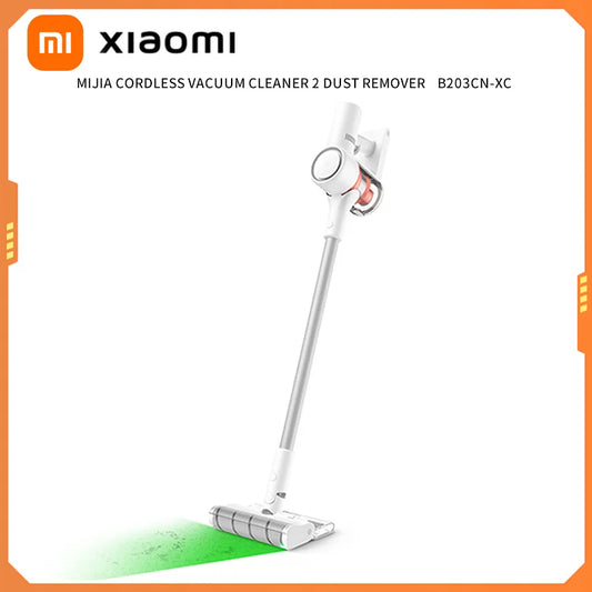 Xiaomi Mijia Cordless Wireless Vacuum Cleaner 2 with 24kPa suction and 60-minute battery life, shown in a clean home setting.