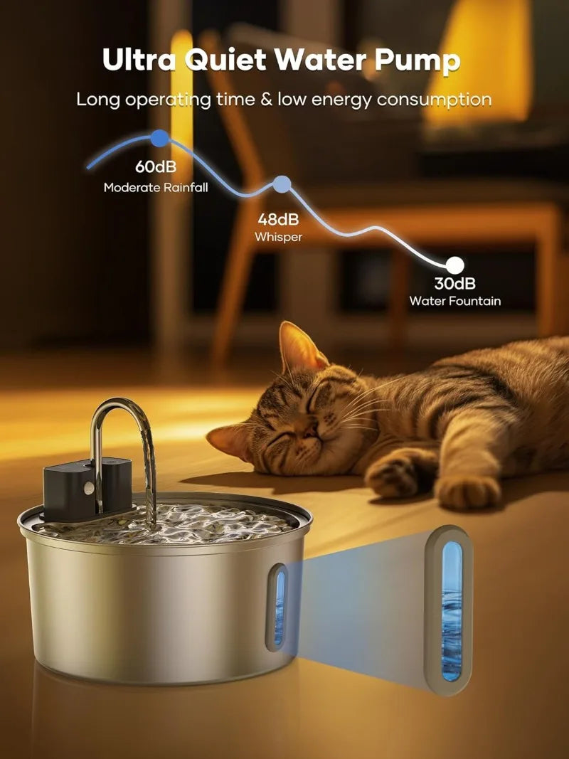 Wireless stainless steel cat water fountain by Waggy Tail with 3.2L capacity, auto filtration, and 4000mAh battery in the image.