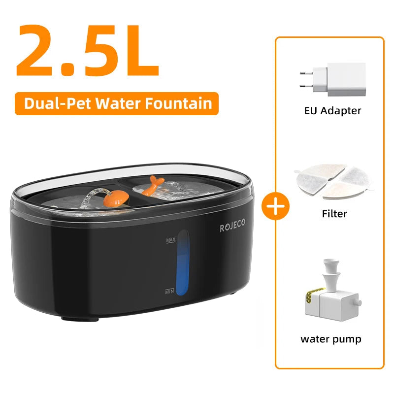 ROJECO 2.5L Cat Water Fountain – Smart Dual Bowl Drinker for Multiple Cats & Kittens