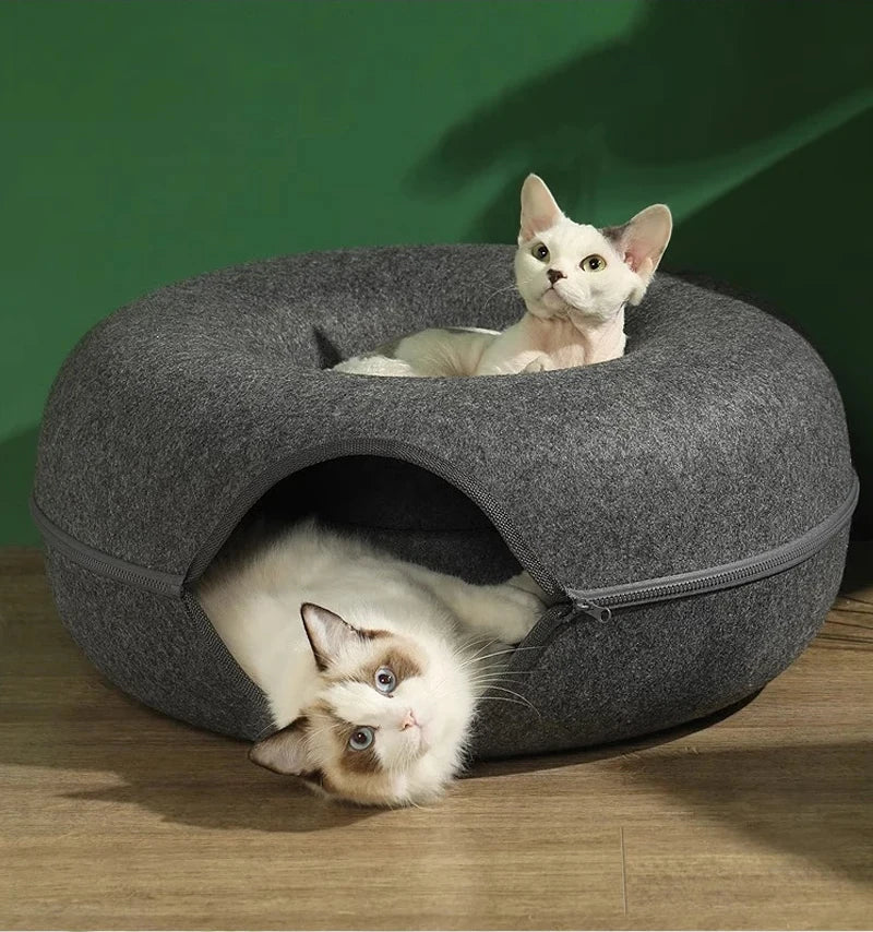 Donut Cat Bed Pet Cat Interactive Game Toy Cat Bed Dual-use Tunnel Bed with Felt Toy Gift for Small Kitten Rabbit