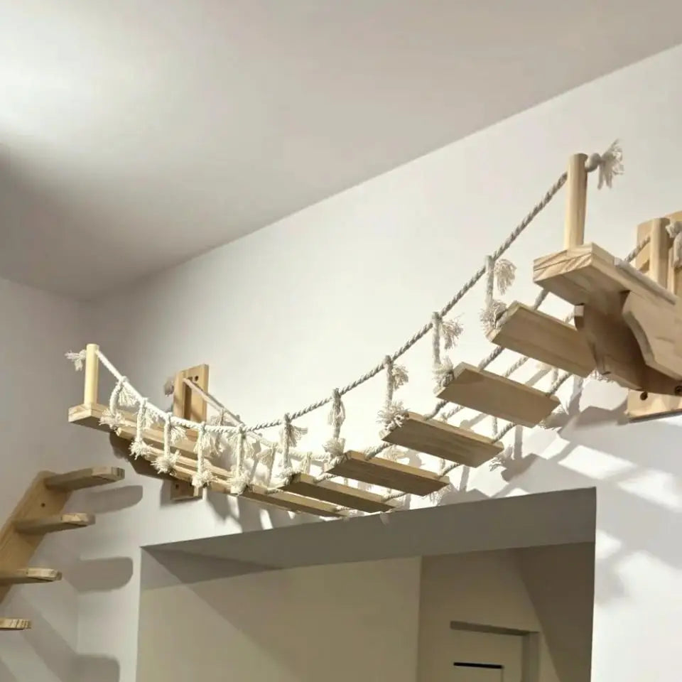 Wooden Cat Tree Tower Cat Climbing Scratching Post Stairs Hammock Hiding House Indoor Playground Cat Walkway Wall Pet Furniture