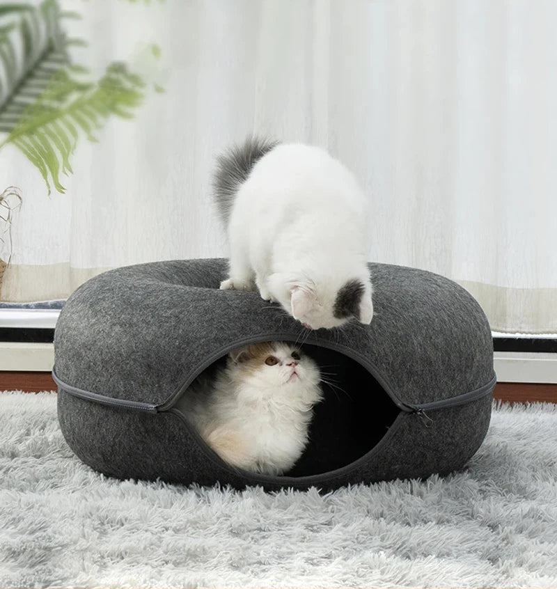 Donut Cat Bed Pet Cat Interactive Game Toy Cat Bed Dual-use Tunnel Bed with Felt Toy Gift for Small Kitten Rabbit