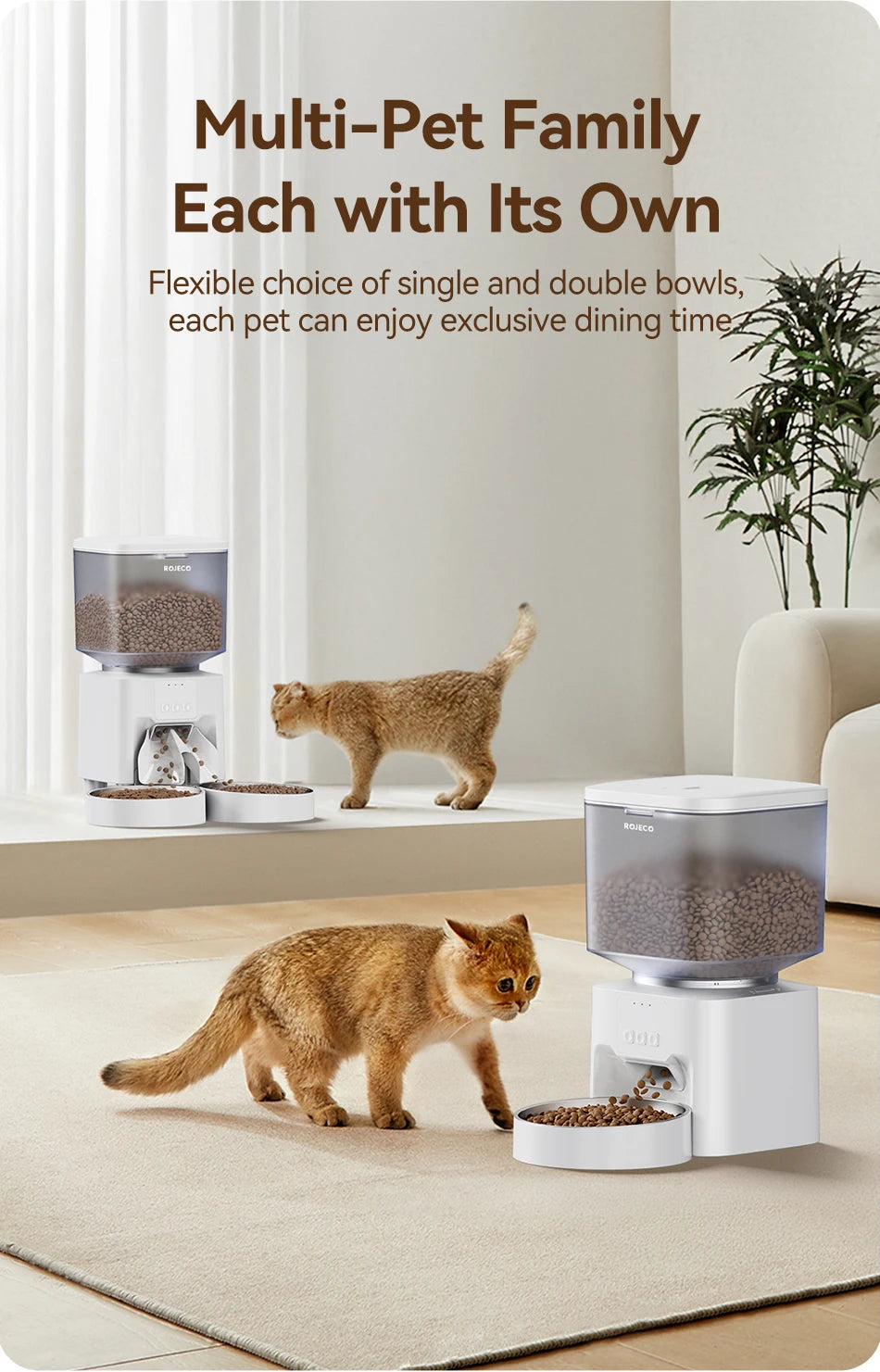ROJECO 4.5L Auto Pet Feeder – WiFi App, Voice Record, Kibble Dispenser for Cats & Dogs