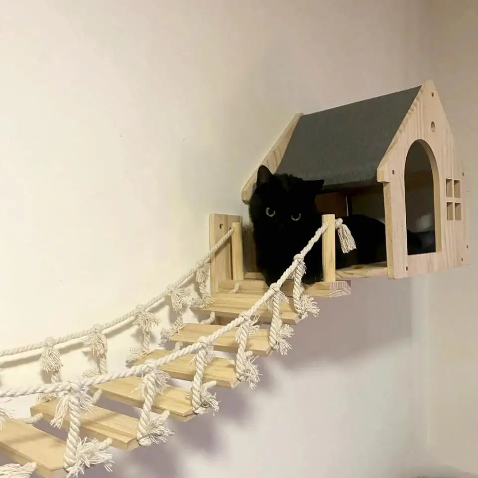 Wooden Cat Tree Tower Cat Climbing Scratching Post Stairs Hammock Hiding House Indoor Playground Cat Walkway Wall Pet Furniture