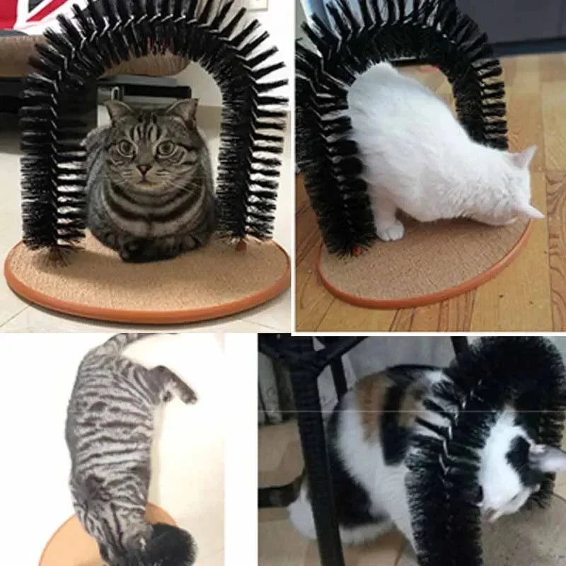 Cat Toy Arch Self Grooming Pamper Feline with Massage Grooming Rubbing Brush and Scratching Pad Interactive Toys for Cats