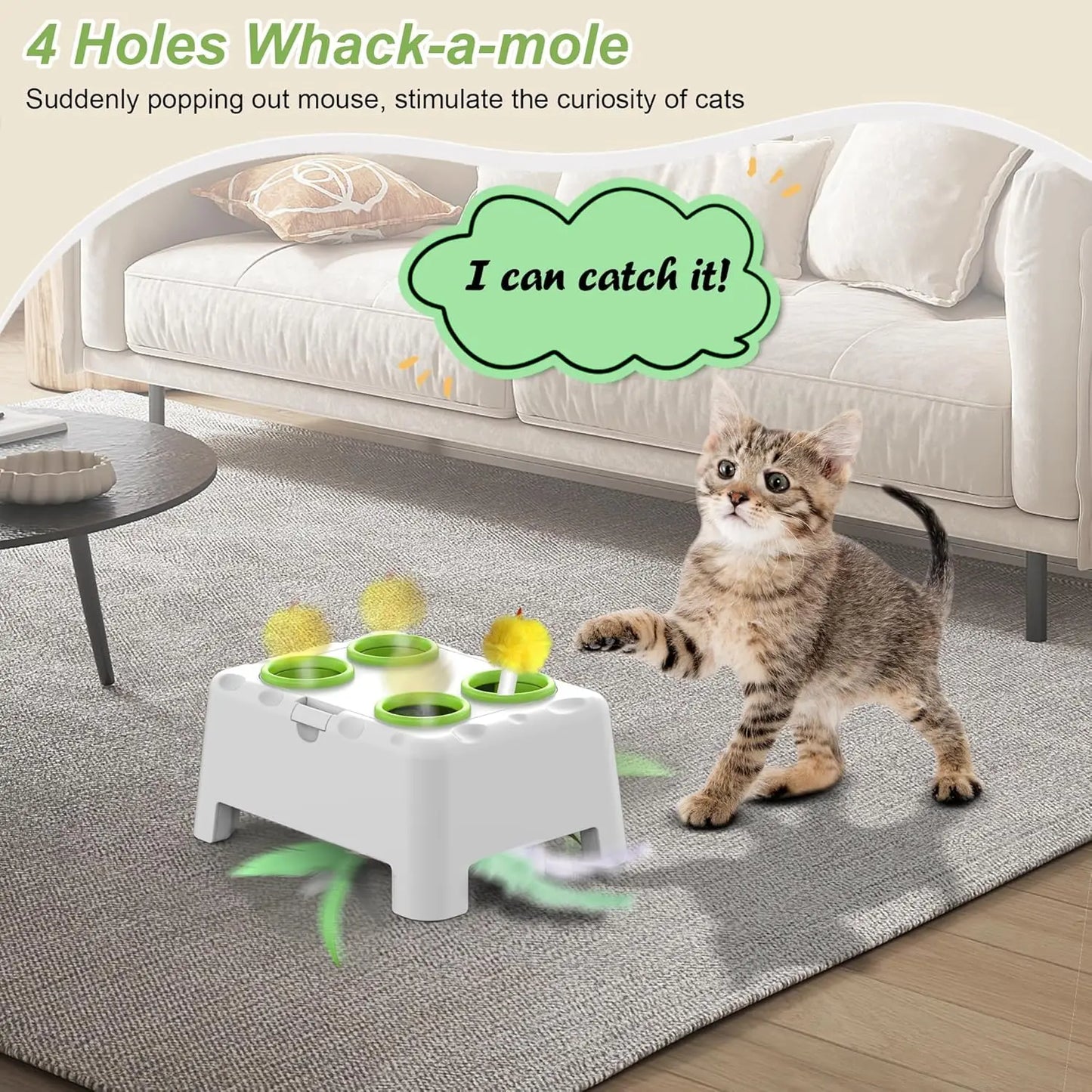 Whack-a-Mole Auto Pop-Up Cat Toy – Rechargeable Feather