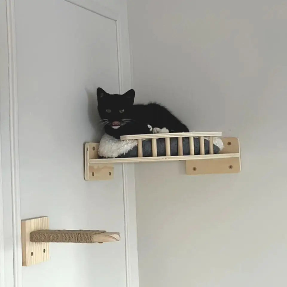 Solid Wood Wall-Mounted Cat Climbing Tower with Hammock