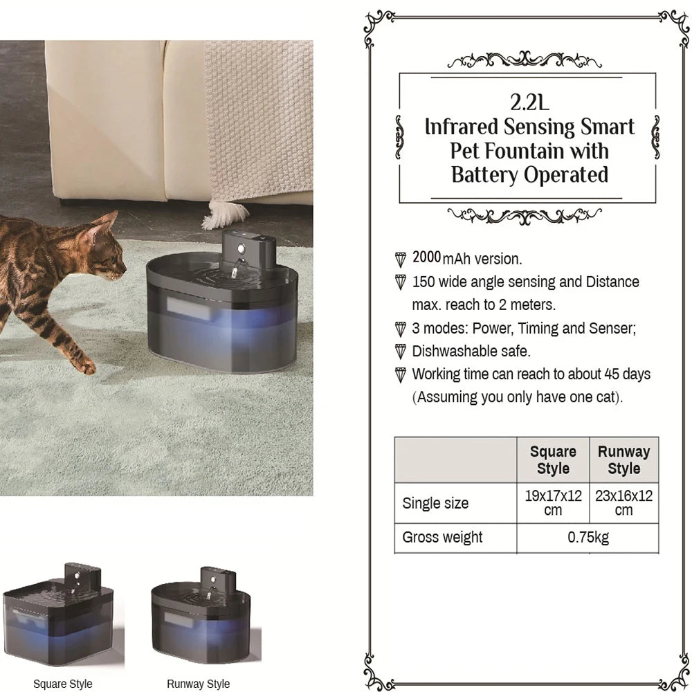 2.2L Wireless Cat Water Fountain Battery Operated Automatic Pet Water Fountain With Motion Sensor Dog Cat Water Dispenser Bowl