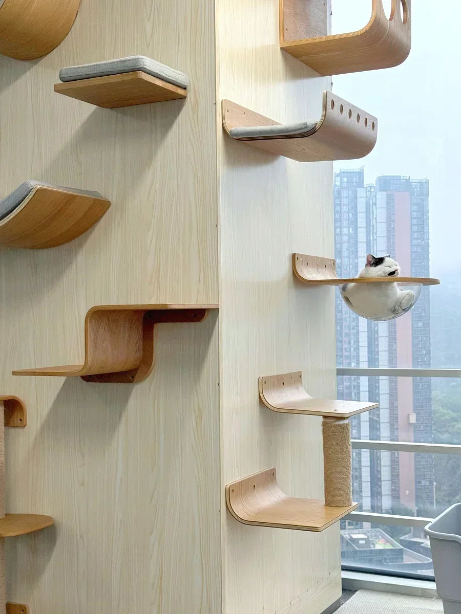 Wall-Mounted Wooden Cat Shelves with Sisal Post & Hammock