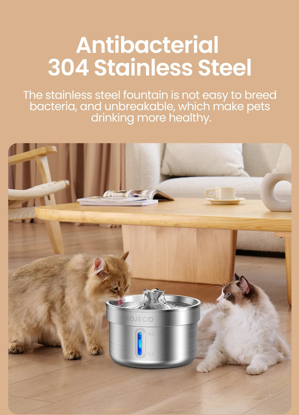 ROJECO Stainless Steel Pet Water Fountain – Smart Dispenser with Pump for Cats & Dogs